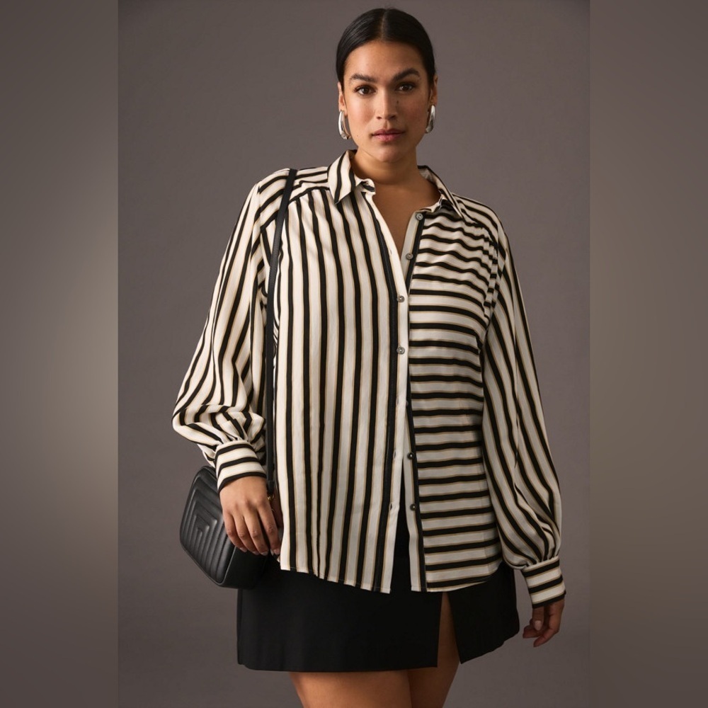 Anthropologie Maeve Silky Striped Black Cream Striped Button Down Shirt | M - Picture 4 of 8